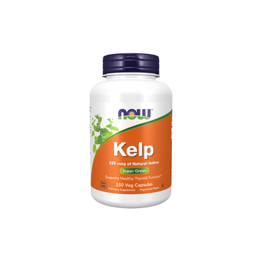 A white bottle of Now Foods Kelp 325 mcg with a purple cap and orange label contains 250 vegetarian capsules, providing natural iodine to support thyroid health.